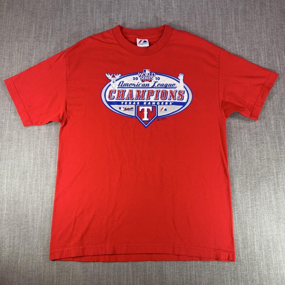 Texas Rangers Shirt Mens Large Red MLB Baseball Majestic 2010 World Series Tee
